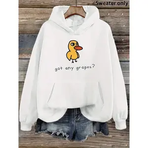 2025men's Autumn Winter Casual Hoodie With Cute Duck & "Got Any Grapes? "Graphic Print, White Geometric Pattern Pullover, Front Pockets, Machine Washable Regular Fit Long Sleeve SweatshirtSoft And Breathable