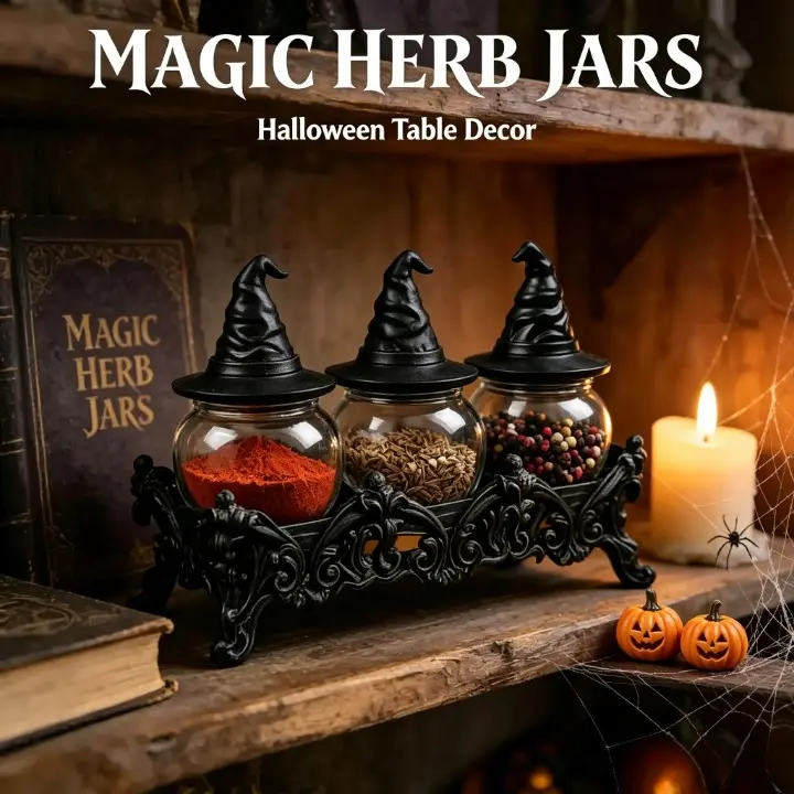 Witch Hat Spice Jar Set of 3 with Gothic Display Stand, Premium Glass Apothecary Spice Jars & Seasoning Containers for Salt, Pepper, Herbs, Spices, Halloween Kitchen Decor, Witchy Home Organization, Gothic Home Decor & Unique Gift