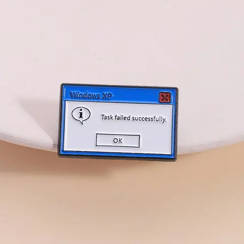 Windows XP Classic Vintage Popup Badge Pins, Task Failed Successfully Retro Design, Programmer Humour Merchandise for Nostalgic Office Decor, Pin Badge