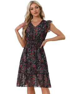 INSPIRE CHIC Floral Flutter Sleeves V Neck Smocked Ruffle Dress