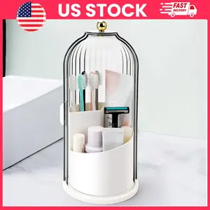 Toothbrush Holder with Sliding Lid & 360° Rotating Organizer | 3 Slot Bathroom Counter Organizer for Toothbrush, Toothpaste & Makeup Brushes | Dustproof Sink Caddy Stand | Vanity Storage | Bathroom Accessories & Home Essentials | Gift for mom