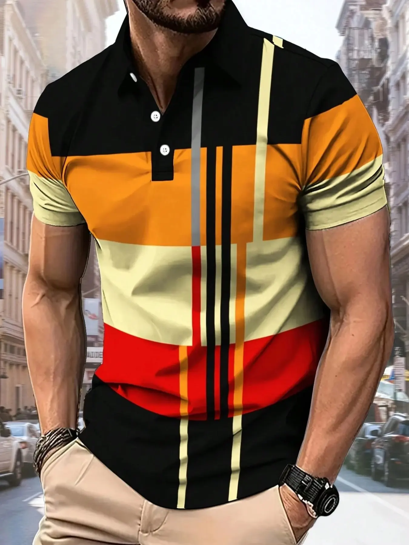 Men's Colorblock Striped Short Sleeve Polo Shirt, Casual Polo Shirts, Casual Business Daily Top, Geometric Patchwork Design, Breathable Comfort, Summer Wear