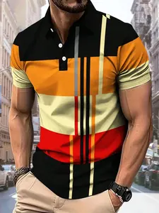 Men's Colorblock Striped Short Sleeve Polo Shirt, Casual Business Daily Top, Geometric Patchwork Design, Breathable Comfort, Summer Wear