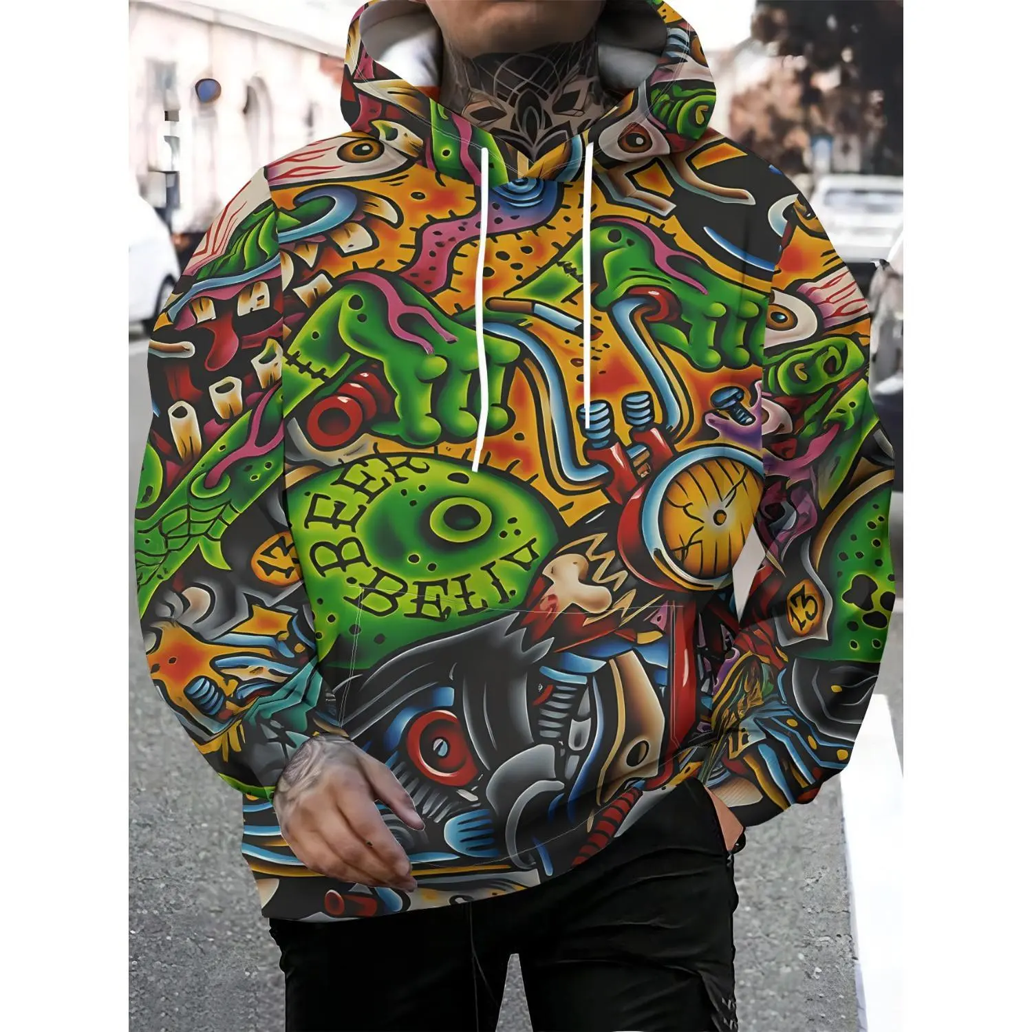 Men's Graffiti Print Casual Hoodie - Trendy Street Style for Spring and Autumn