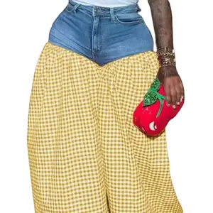 Women's Two Piece Outfit with Yellow Gingham Pants and Denim Top