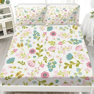 3pcs Bedding Set (1 Fitted Sheet + 2 Pillowcases), Fresh Floral Pattern, Breathable Polyester Fiber, All-Season Use