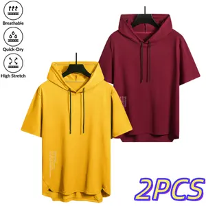 Men’s two-pack hooded short-sleeve T-shirts, trendy casual athletic style, breathable quick-dry, highly elastic, skin-friendly, drawstring hood with curved hem, versatile tops for gym, commuting, and home wear