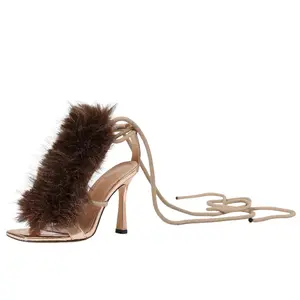 Custom Made Rose Gold Faux Fur Lace Up Heeled Sandals for Women Square Toe Stiletto Heels Fluffy Open Toe Strappy Heels with Wrap Around Ankle Tie Elegant Party Evening Clubwear Heels for Wedding Cocktail Prom