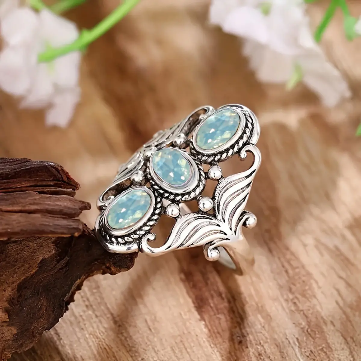 Women's Bohemian Silver-Plated Moonstone Statement Ring - Vintage, Birthstone, Bezel Setting Blue Stone Bold Retro Costume Fashion Accessory, Birthstone Rings, Vintage Rings