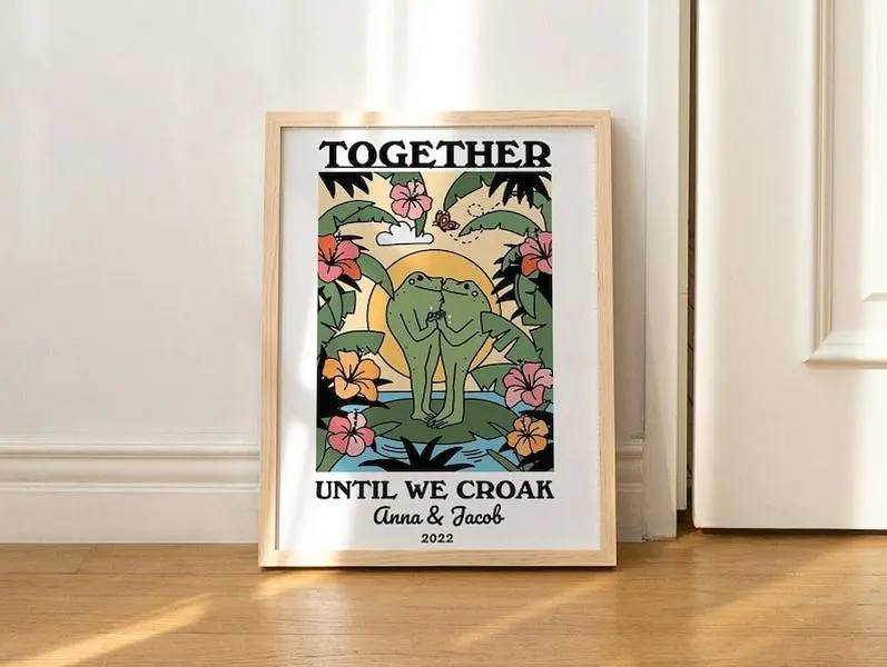 Custom Tropical Frog Print, Personalised Couples Gift, Retro Mushroom Illustration, Anniversary Gift Idea, Black, White,