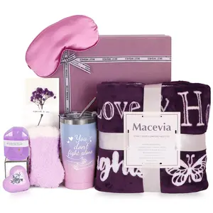 Breast Cancer Care Package Gifts for, Get Well Soon Gifts Basket Inspirational, Breast Cancer Blanket Throw Cup Socks Eye Mask Bath Set for Cancer Patients (Purple)