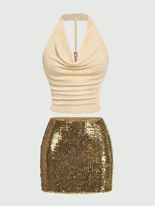 Women's slim-fitting halter top with a sexy sequin skirt set, suitable for parties, dates, casual outings, entertainment, shopping, leisure trips, and photo opportunities.