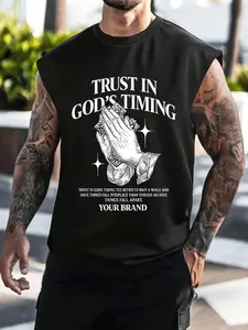 Men's Believe God Timing Prayer Vest, Faith Fitness Sleeveless Top, Casual Graphic Design, No Zipper, Without Collar