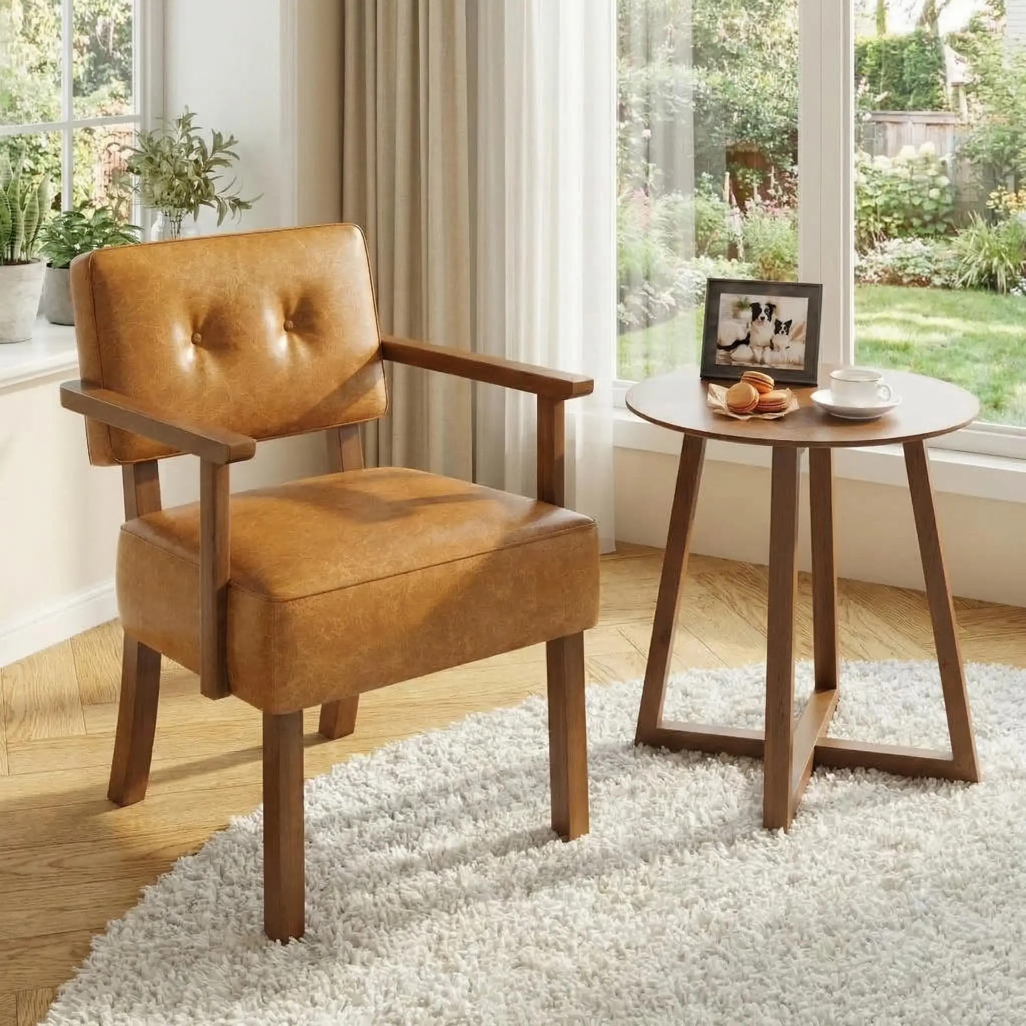 Garvee Mid-Century PU Leather Accent Chair with Wood Frame, Classic Vertical Stripe Upholstered Lounge Armchair, Comfy Reading Chair for Living Room, Bedroom, Balcony