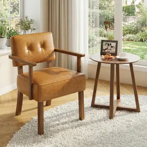 Garvee Mid-Century PU Leather Accent Chair with Wood Frame, Classic Vertical Stripe Upholstered Lounge Armchair, Comfy Reading Chair for Living Room, Bedroom, Balcony
