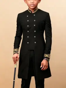 Men's Gold Stand Collar Double-Breasted Suit, African Style Long Formal Dress with Golden Embroidery, Gentleman Long Coat