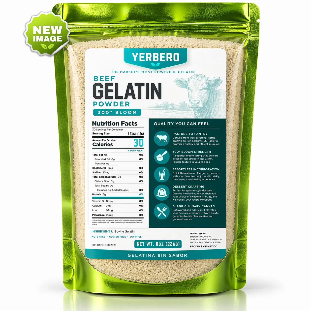 New Image - New Size Yerbero - Premium Unflavored 300° Bloom Beef Gelatin Powder 8oz (226g) | Thickening Agent | Grenetina en Polvo Sin Sabor | Swiftly Solidifies, Stabilizes, and Enhances for Culinary & Baking Endeavors.