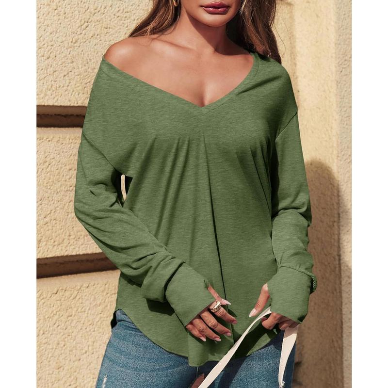 Imily Bela Womens Deep V Neck Tunic Tops Long Sleeve Oversized Casual Loose Fit Curved Hem T Shirts