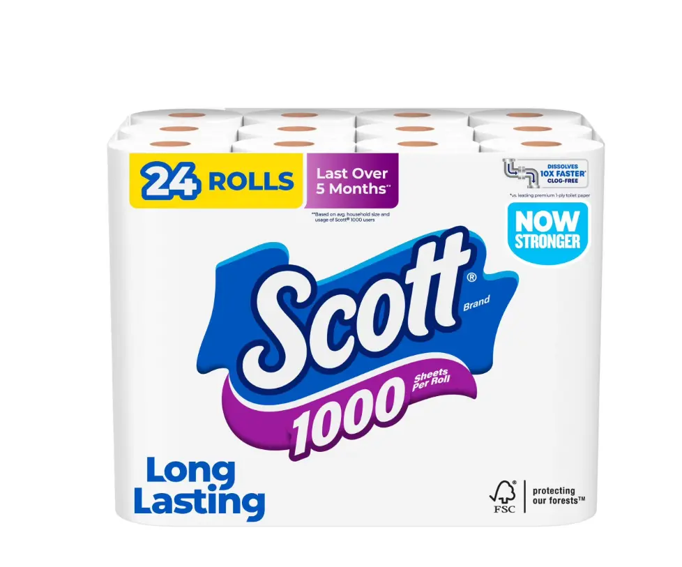 1-Ply Toilet Paper, 24 Rolls, 1,000 Sheets per Roll, Septic Safe Bath Tissue