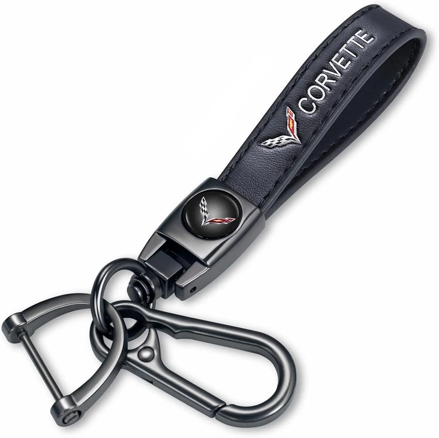 Genuine Leather Car Keychain for Chevrolet Corvette, 360° Swivel Key Holder with Detachable Clip and D-Ring, Keyring Lanyard Accessory, Gift for Men and Women