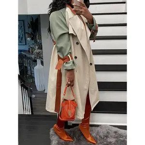 Women's Minimalist Colorblock Double Button Belted Trench Coat, Chic Lapel Neck Long Sleeve Outerwear, Basic Longsleeves Womenswear, Trench Coat Women rock star puffer jacket peacoat trench coat