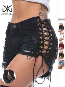 Women's Grommet Eyelet Lace Up Ripped Denim Shorts, Casual Boho Shorts, Fashion Casual Button Fly Short Jeans for Daily Wear, Ladies Bottoms for All Seasons
