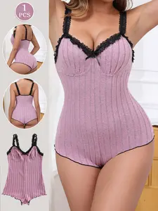 Women's Sexy Slim-Fit One-Piece Pajamas, Soft Comfortable Striped Design with Bow Lace Trim, All-Season Home Wear Sleepwear, Sleep Onesie