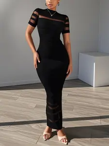 Women's Black Mesh Minimalist Bodycon Maxi Dress - Short Sleeve, High Neck, Sheer Striped, See-Through, Slim Fit, Elegant for Summer Casual, Cocktail, Evening & Formal Wear