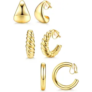 MILACOLATO 3Pairs Clip on Earrings for Women Trendy Stocking Stuffers Hypoallergenic 14K Plated Gold Chunky Tube Croissant Waterdrop Clip-on Hoop Earrings Set Fake Jewelry Non Pierced Ears