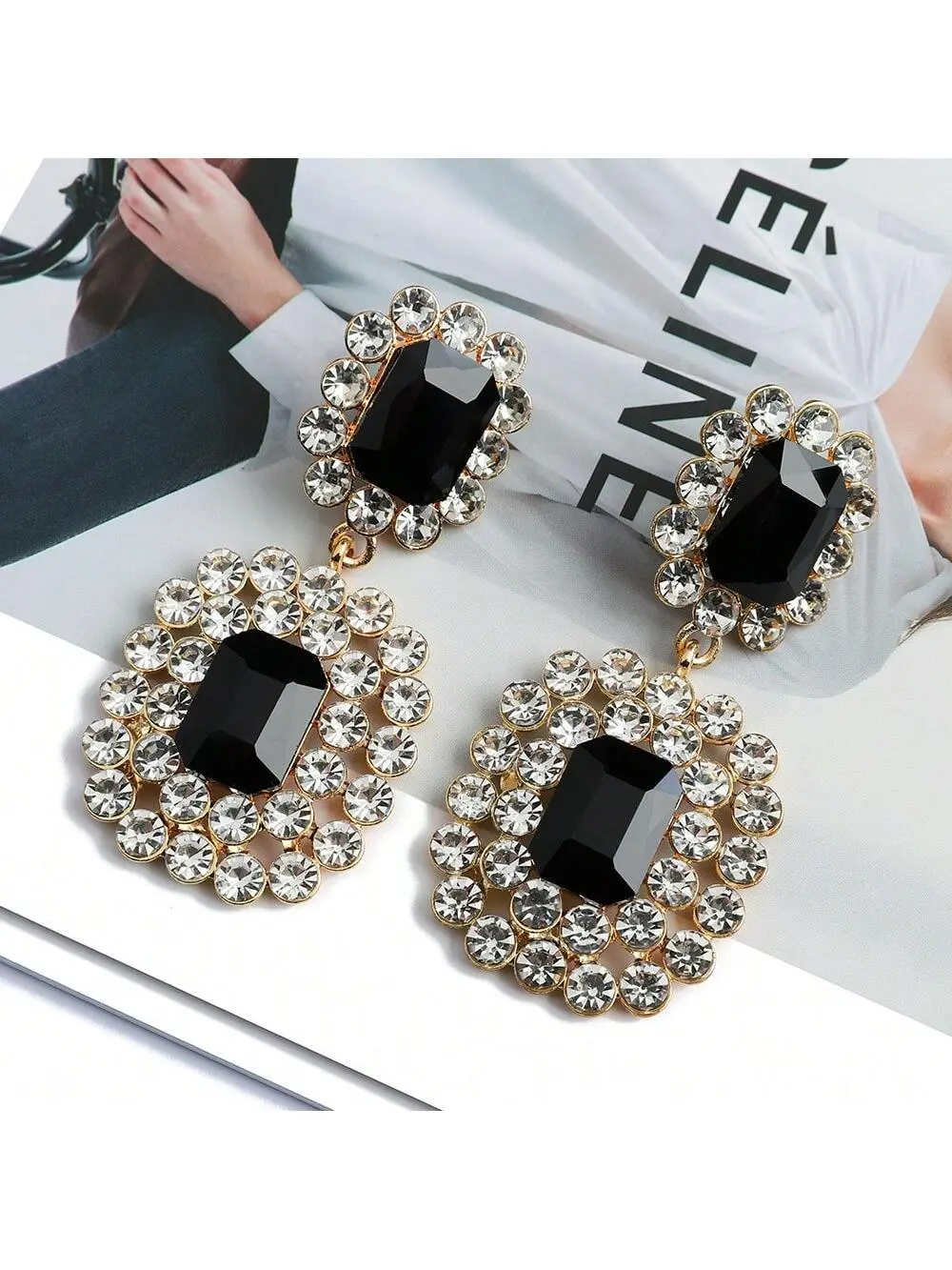 Elegant Geometric Drop Earrings, Women's Exaggerated Bejeweled Metal Jewelry with Bling Effect, Statement Piece for Party & Birthday Gifts, Pair Set, Bejeweled Earrings, 3D Diamond-Crystal Earrings