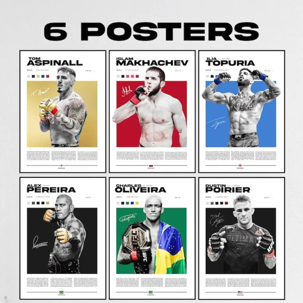 Artistic 6-Piece UFC Fighters Wood Frame Wall Print Poster Set - Dustin Poirier, Islam Makhachev, Tom Aspinall, Charles Oliveira, Ilia Topuria, Alex Pereira, Minimalist Abstract Art, Various Sizes, Inspirational Gift for Fight Fans, Modern Home Decor