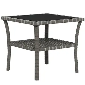 2 Tier Outdoor Coffee Table Tempered Glass Top Lower Shelf For Magazines Or Plants PE Rattan Weatherproof For Patio Or Balcony Outdoor Table This Glass Top Rattan Side Table