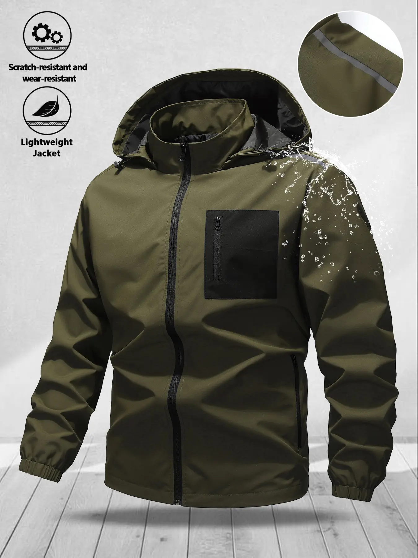 Men's Minimalist Hooded Windproof Jacket, Colorblock Pockets, Thin Waterproof Raincoat, Casual Commuter Outdoor Wear