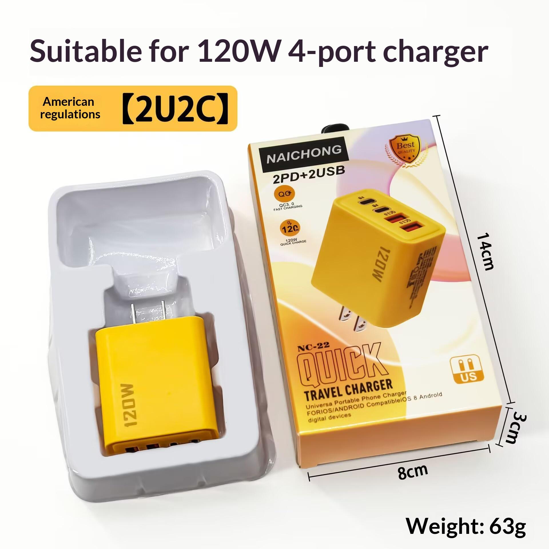 2 PCS Portable Fast Charger, Type C/USB A Dual Ports Adapter, 4 in 1 Fast Charging Cable & Data Sync, 120w Fast Chargers, 1.5m Flat Braided, for iPhone, Ipad, and Airpods