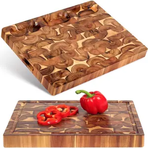 Board (17x13x1,5in) End Grain  Board, Acacia Wooden  Board, Butcher Block, Chopping Board - Reversible Multipurpose For Kitchen with Juice Groove, Cracker Holder & Inner Handles.