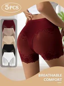 QUASTI 5 Pack High Waisted Translucent Lace Sexy Women‘s Boxer Briefs, Milk Silk Smooth Breathable High Stretch Shorts, Full Coverage Skin-friendly Sweet Elegant Panties, Seamless Comfortable Suitable for Various Outfi, S-XXL Womenswear Red