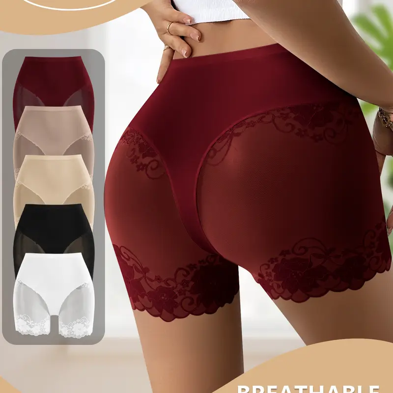 QUASTI Women's 5-Pc Color Set Trim Lace Seamless High-Waisted Panties - Stretchable, Soft Breathable Milk Silk Full Coverage Skin-Friendly Boy Shorts, Underwear for Women, S-XXL, for Versatile Outfits