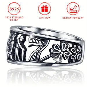 Vintage Boho Animal-Themed Sterling Silver Band Ring, S925 Silver-Plated, Nickel-Free, Elephant Owl Horseshoe Floral Carved Design Jewelry for Daily Wear & Gifting with Gift Box - 3.5g