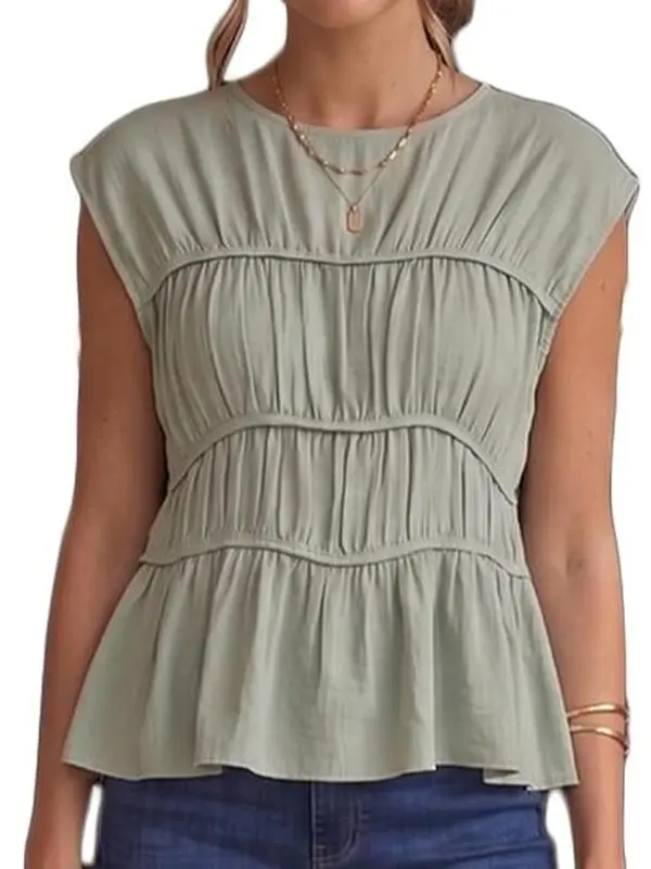 Women's Smocked Peplum Blouse, Classy Tiered Babydoll Top, Comfortable Sleeveless Shirt with a Boat Neck and Cap Sleeves for Everyday Wear, Elegant, Beach, Fabric