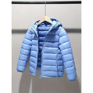 Kids' Hooded Puffer Jacket - 100% Polyester Casual Outerwear with Zipper, Solid Color, Non-Stretch Fabric, Regular Fit for Boys, Ideal for Fall/Winter - Polyester Fiber Insulated