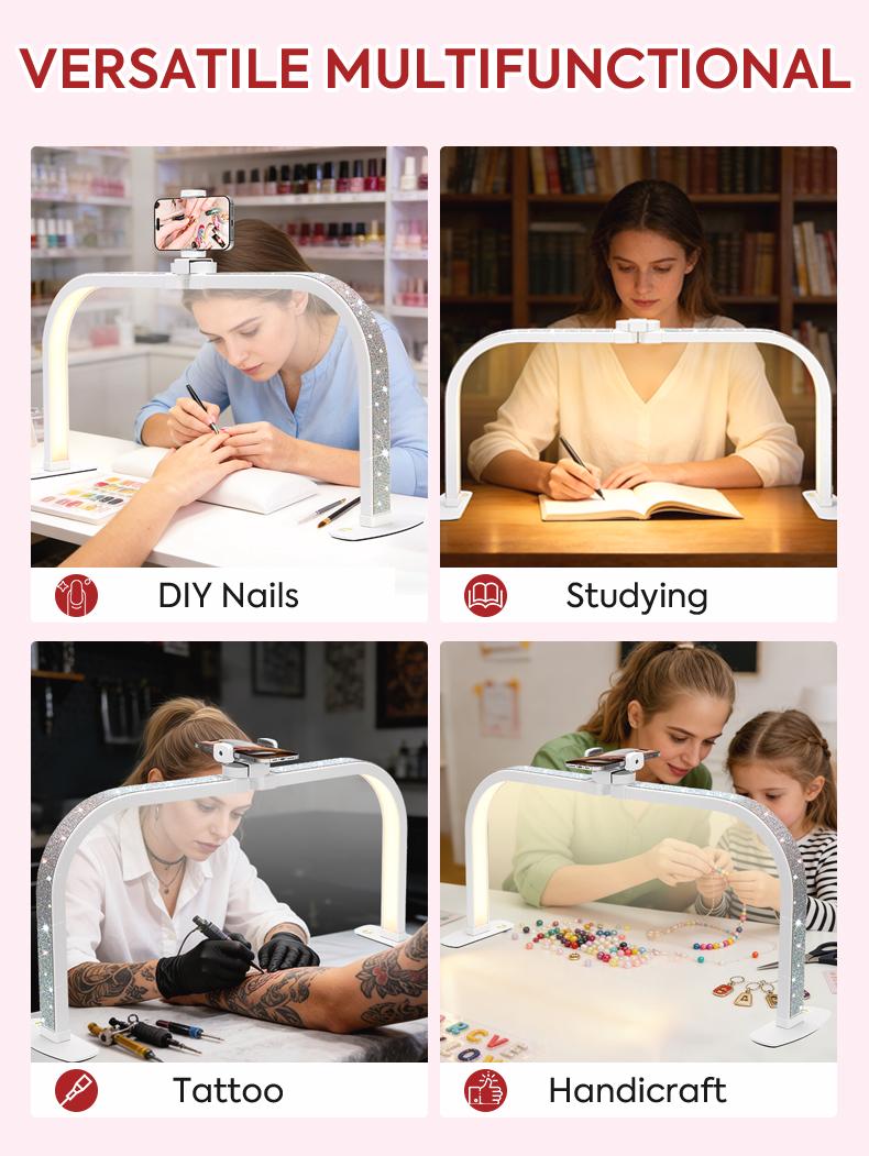 Professional Half Moon Nail Lamp, Foldable 25.6" U-Shaped LED Nail Desk Light With Phone Holder, Dimmable, Adjustable Color Temperature 3000K–6500K