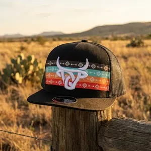 Western Bull Skull Trucker Hat, Embroidered Longhorn Snapback Cap, Southwestern Aztec Mesh Hat, Cowboy Ranch Flat Bill Hat, Country Western Hat for Men and Women