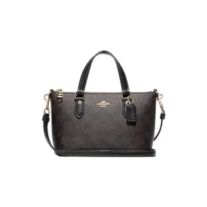 COACH Gallery 18 Classic Monogram Zip Top Handle Crossbody Bag for Women, Canvas and Leather Blend, Tan Brown