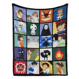 Studio Ghibli Pixel Art Blanket, Japanese Anime Movie Montage Cozy Bedding For Decor Home, Tottoro No Face Calcifer Throw Home Decor Gift | 310326.C00809.ID03
