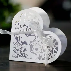 Butterfly Flower Wedding Favor Box, Heart-shaped Chocolate Paper Box with Ribbon Love Candy Box