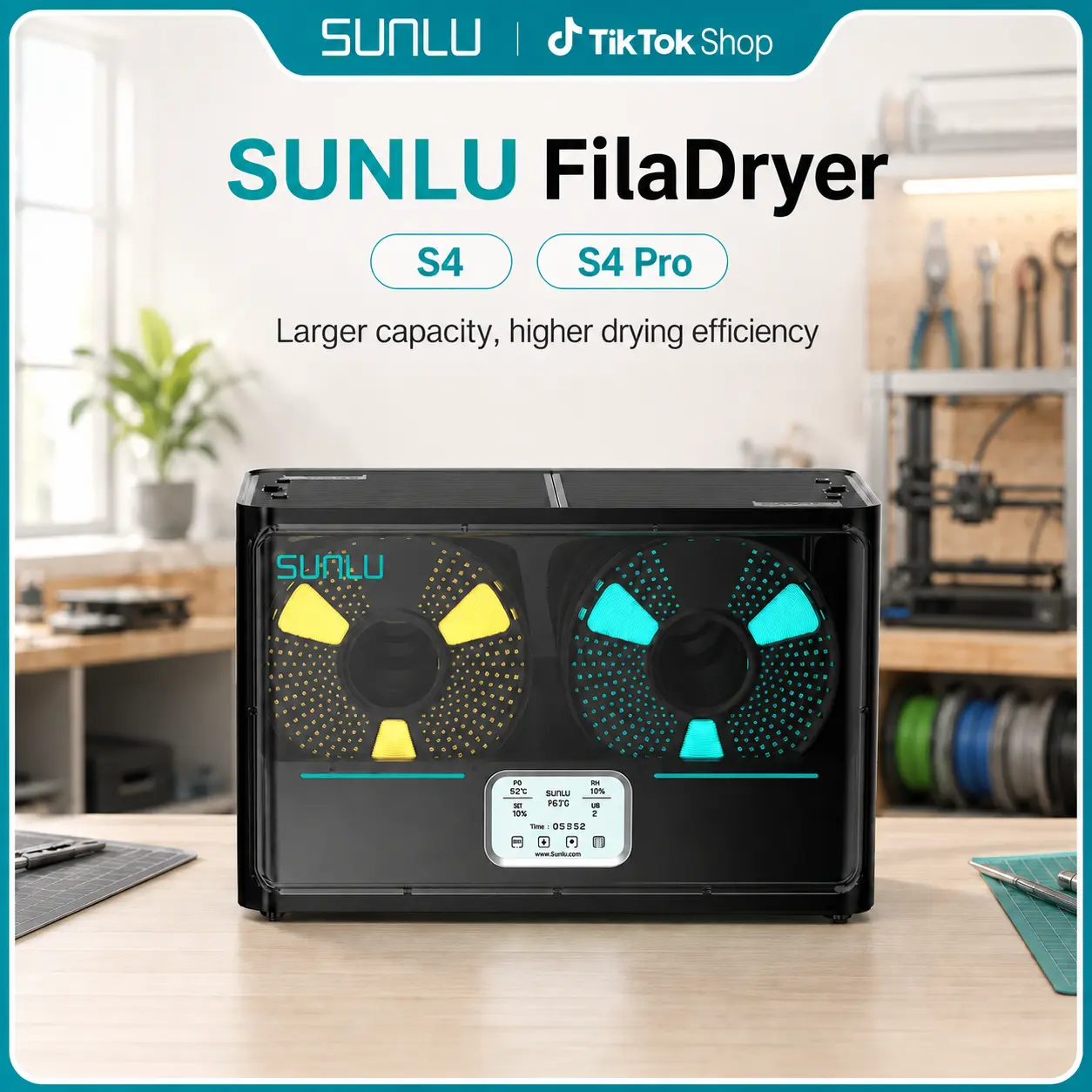 SUNLU FilaDryer S4, S4 pro, Temperature Balance and High Efficiency, the First Dryer for 4 Spools Capacity