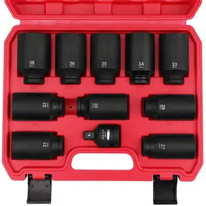 1/2 Drive Deep Impact Socket Set: 11-Piece Metric Size Wheel Axle Nut Wrench Metric Large Jumbo 27mm 29mm 30mm 31mm 32mm 33mm 34mm 35mm 36mm 38mm Spindle Joint High Torque Truck Bearing Locknut multifunctional automotive tools toolbox  sets