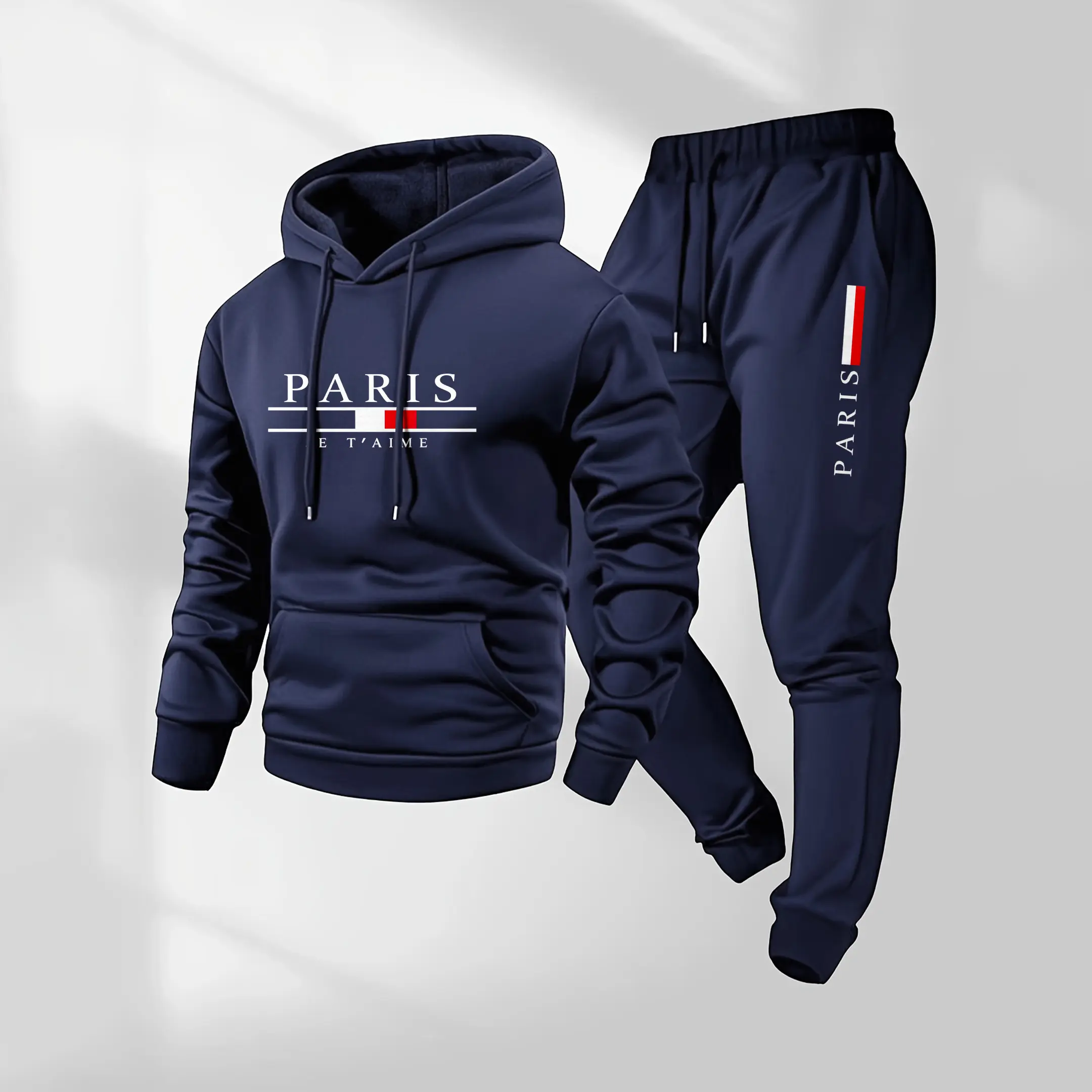 Men's Parisian Letter Print Tracksuit, 2-Piece Loose-Fit Knitted Athleisure Set with Long Sleeve Hoodie and Drawstring Pants, Mensfashion, Gym, Knitting, Machine Wash, Soft Polyester Feels Smooth All Day, Loose Fit Moves Freely With You, 2Xl, Loose-Fittin