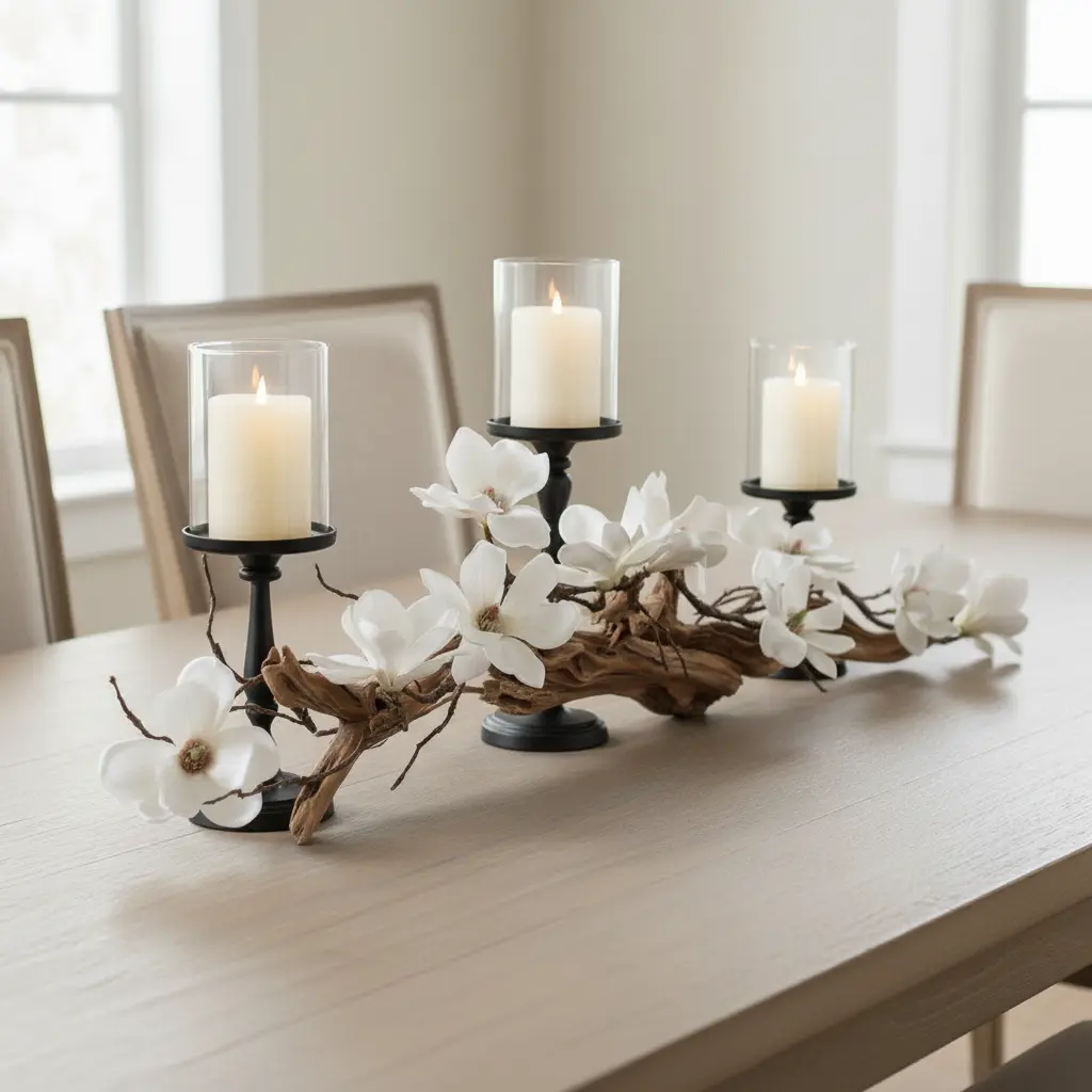 Table Decor Centerpiece with BLACK 3pcs Candleholder Set Magnolia & Vine Faux Driftwood Spring Home Decor - Floral Arrangement for dining, entry, or coffee table, Weddings, & Seasonal Mantel