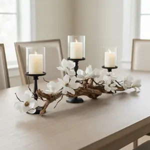Table Decor Centerpiece with BLACK 3pcs Candleholder Set Magnolia & Vine Driftwood Spring Home Decor - Floral Arrangement for dining, entry, or coffee table, Weddings, & Seasonal Mantel